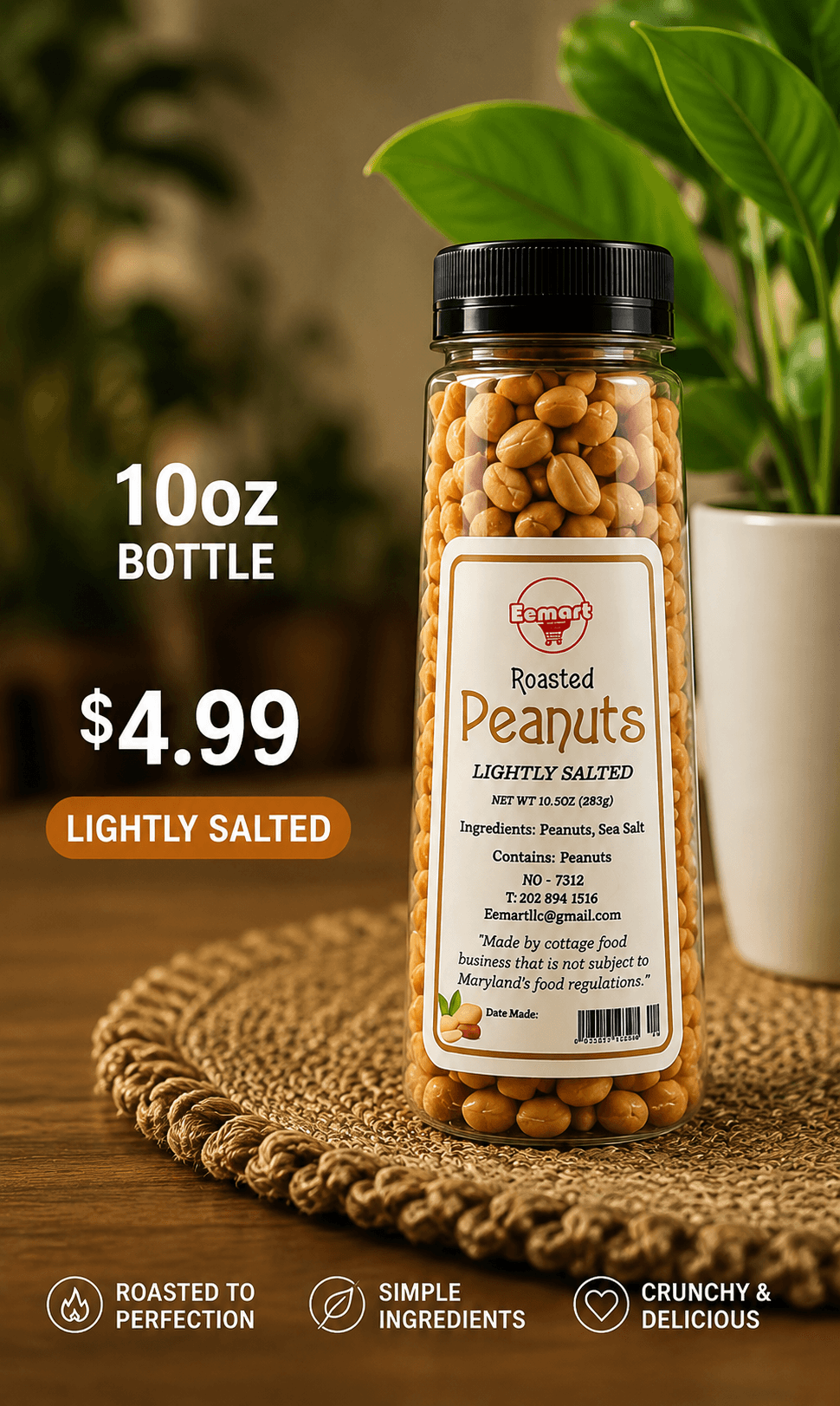EEMART 10 oz roasted peanut bottle, lightly salted